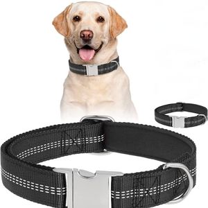 Reflective Metal Buckle Nylon Soft Neoprene Padded Dog Collar Large Black